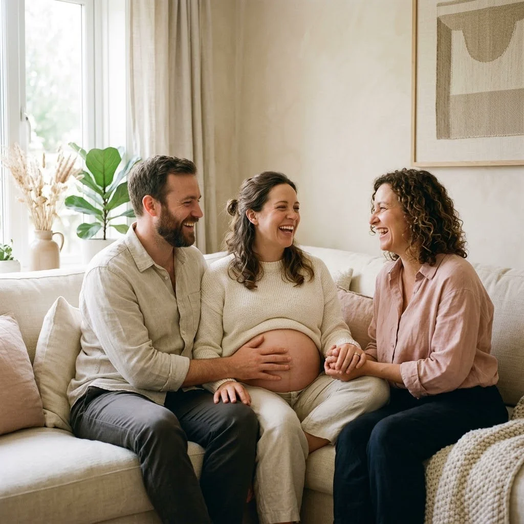 A happy pregnant woman laughing with her husband and her doula